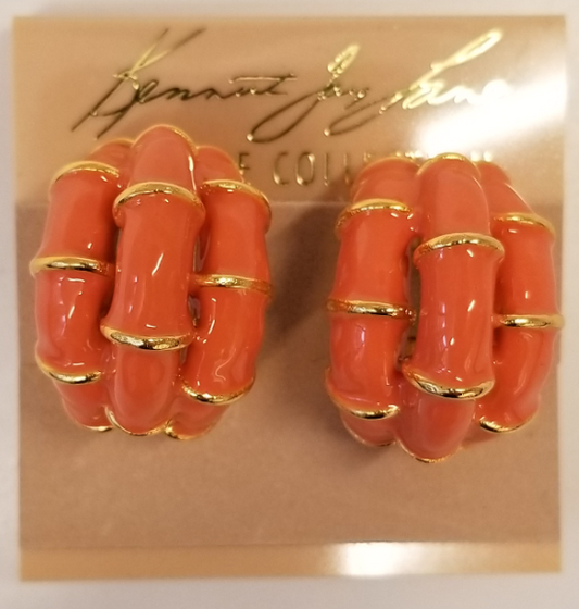Gold Coral Enamel Triple Bamboo Earring
