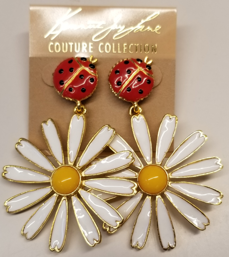 White Daisy With Ladybug Top Pierced Earring