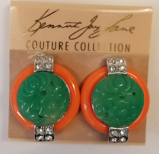 Coral Base Jade Top Crystal Sides Deco Clip Earring