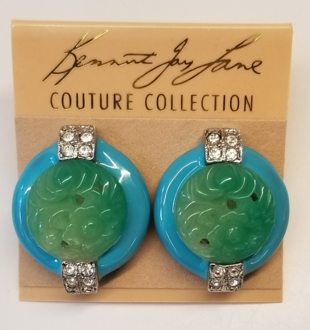 Turquoise Base Jade Top Crystal Sides Deco Earring