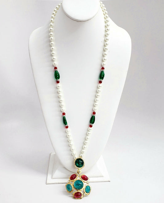 32" Satin Gold White Pearl with flawed emerald ruby pendant Necklace