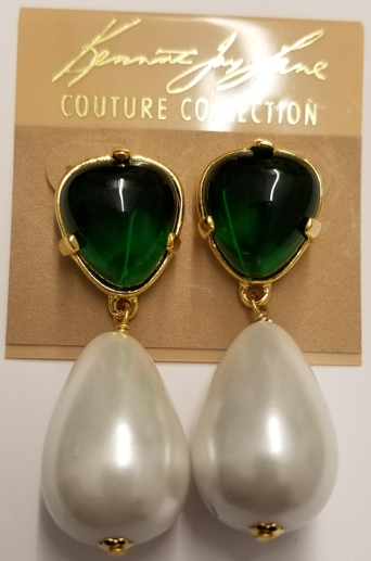 gold-emerald top w- pearl drop pierced earring