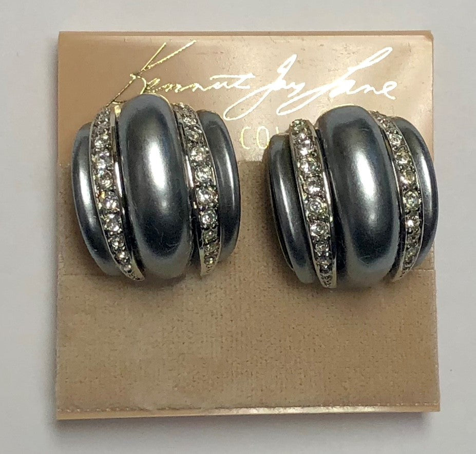 Grey Pearl with Double Crystal Bands Clip Earring