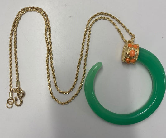 34" Jade C and Light Coral Top Pendant on Gold Chain