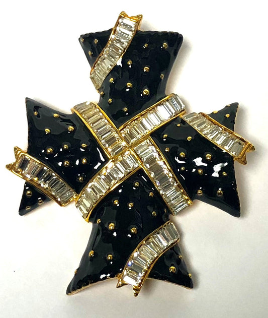 Black Enamel Crystals Maltese Cross Pin