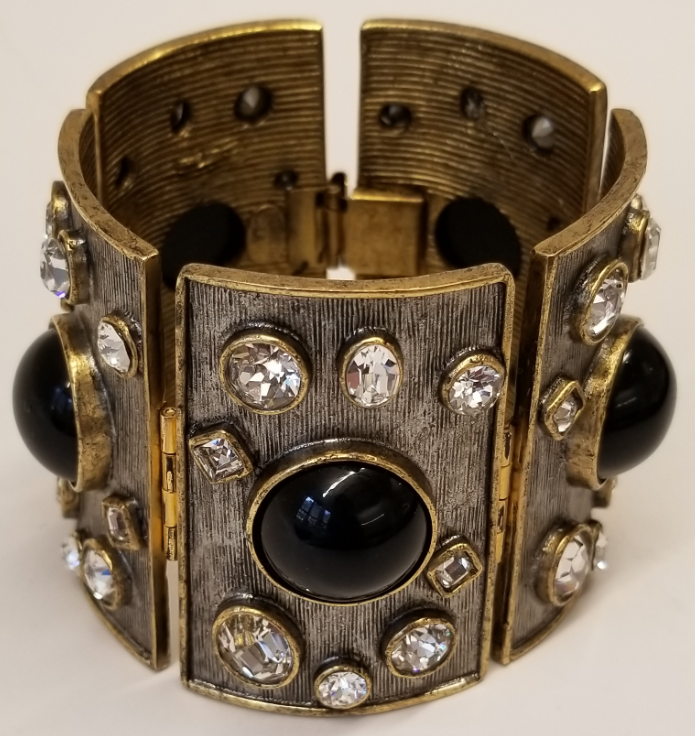 Gold and Antique Silver Crystal Black Cabachon Cuff