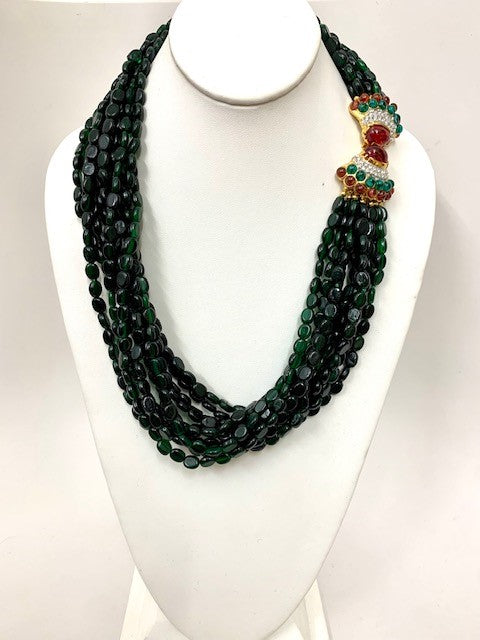 Emerald Bead with Gold-tt Rhinestone Flaw Ruby & Emerald Sides- Flaw Ruby Center Clasp Necklace