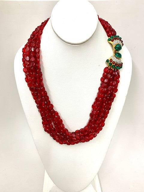 Ruby Bead with Gold-tt Rhine Flaw Ruby & Emerald Sides- Flaw Emerald Center Clasp Necklace