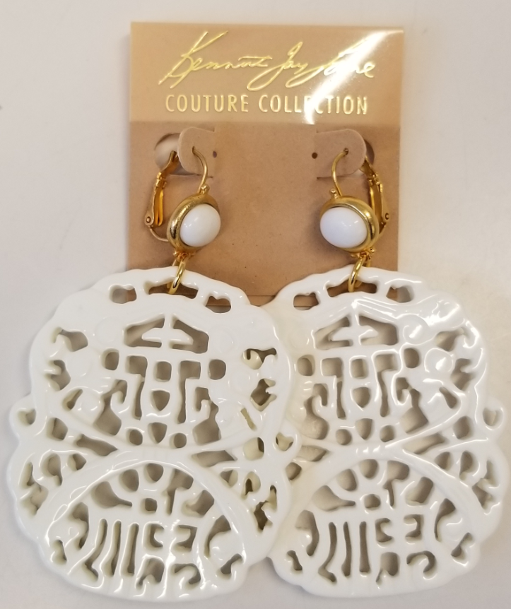 White Top-White Carved Drop Wire Earring