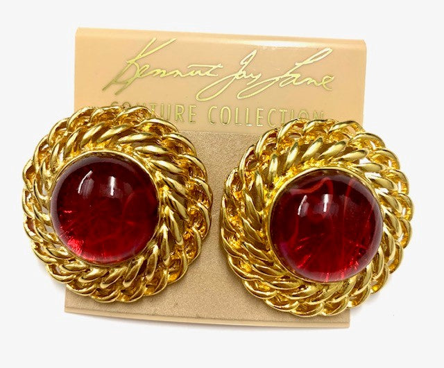 Large Gold Braided Edge- Flaw Ruby Center Clip Earring