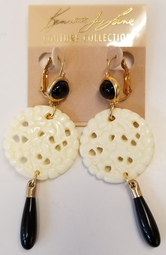 Black Top-Sm Carved Ivory-Black Drop Wire Earring