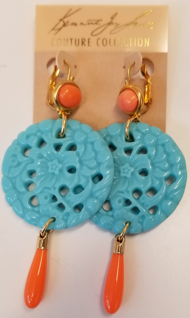 Coral Top-Carved Turquoise-Coral Drop Wire Earring