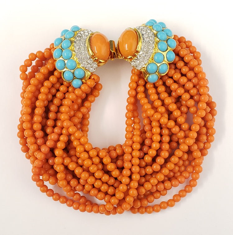 8 1-2" 18 Row Coral Bead Gold Turquoise- Coral Center Clasp Bracelet