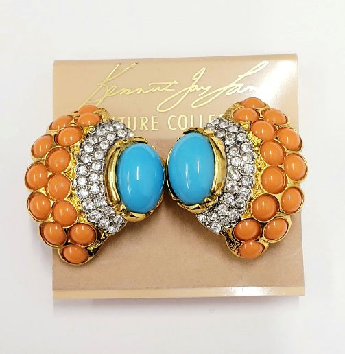 Gold Coral Cabochons Turquoise Cabochon Center Clip Earring