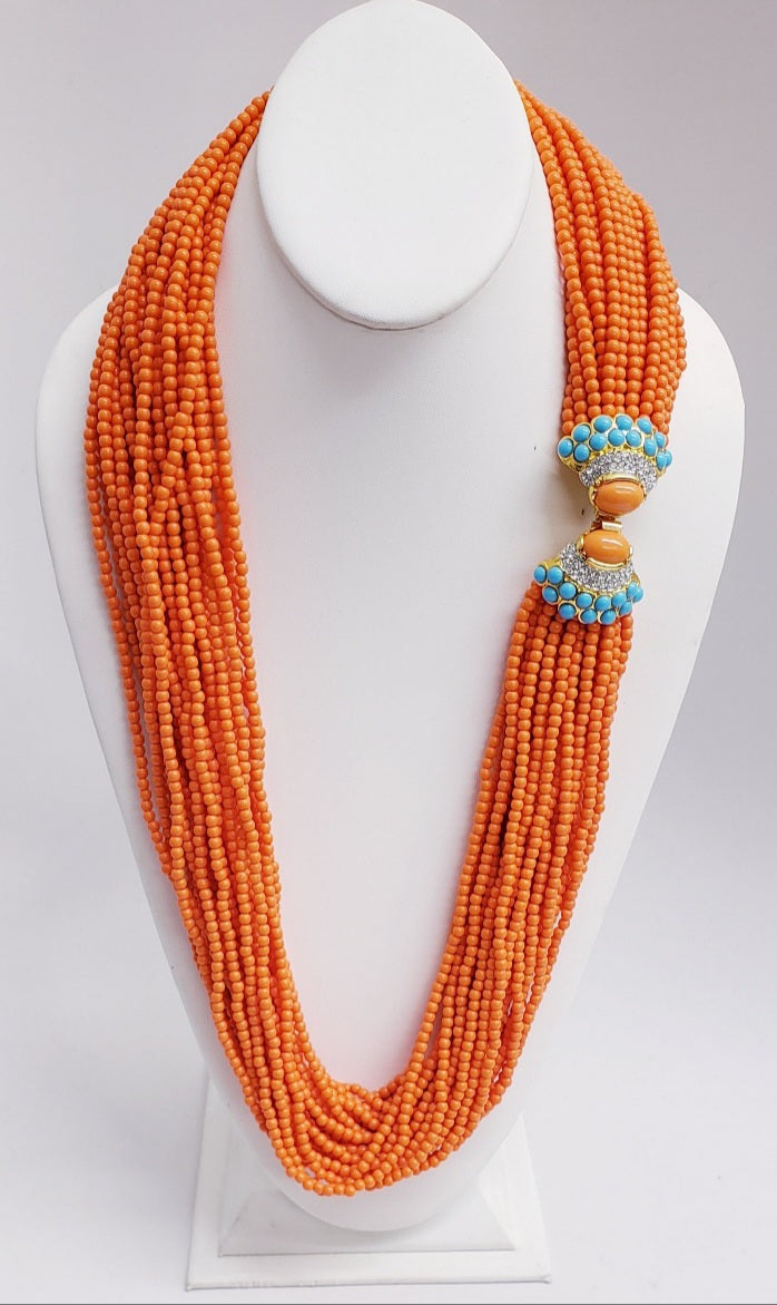 22 row 30" Coral Bead Gold With Turquoise -Coral Center Clasp Necklace