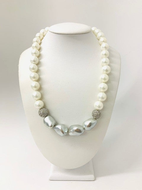 18" White Shell Pearl Necklace and Rhinestone Ball Clasp