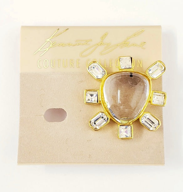 Gold Crystal Sides Crystal Cabochon Center Clip Earring