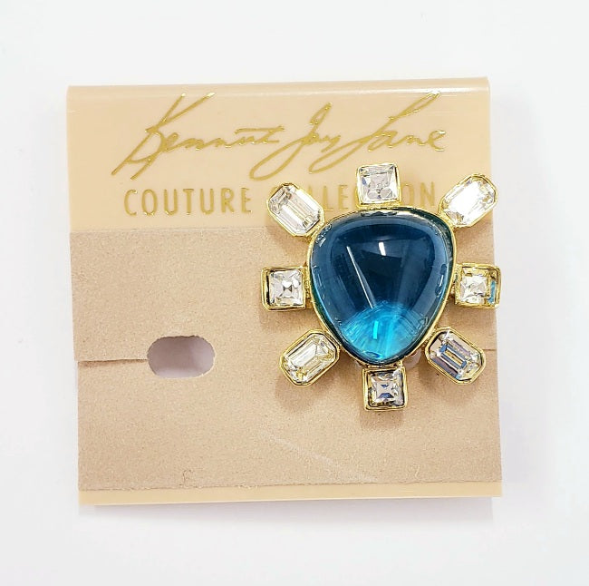 Gold Crystal Sides Aqua Cabochon Center Clip Earring