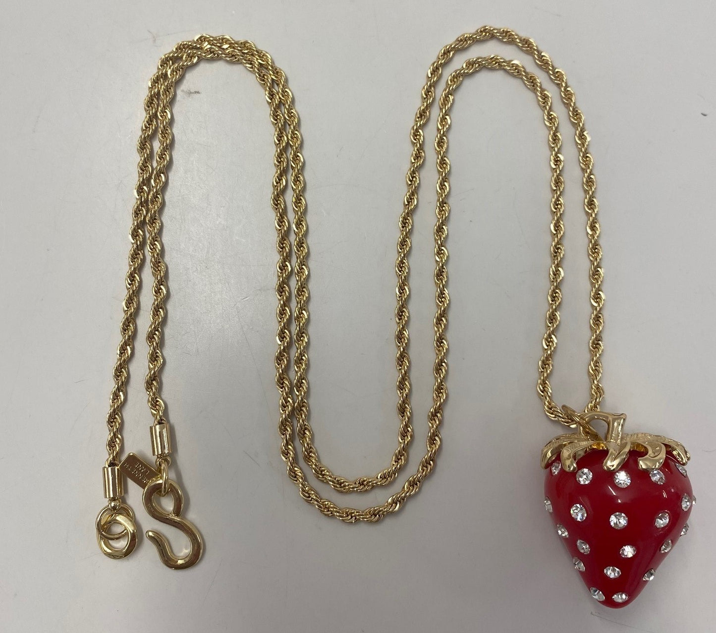 34" Gold Chain Red and Crystal Dots Strawberry Pendant Necklace