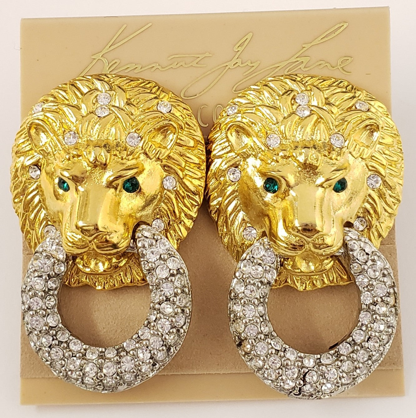 Gold with Crystal Lion Head Doorknocker Clip Earring