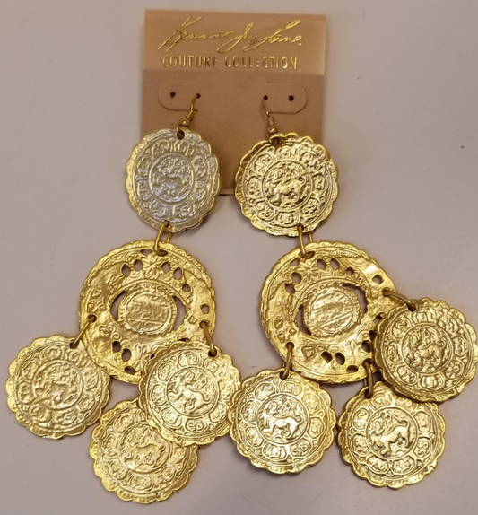 Satin Gold Carved Coin Drop Wire Earring