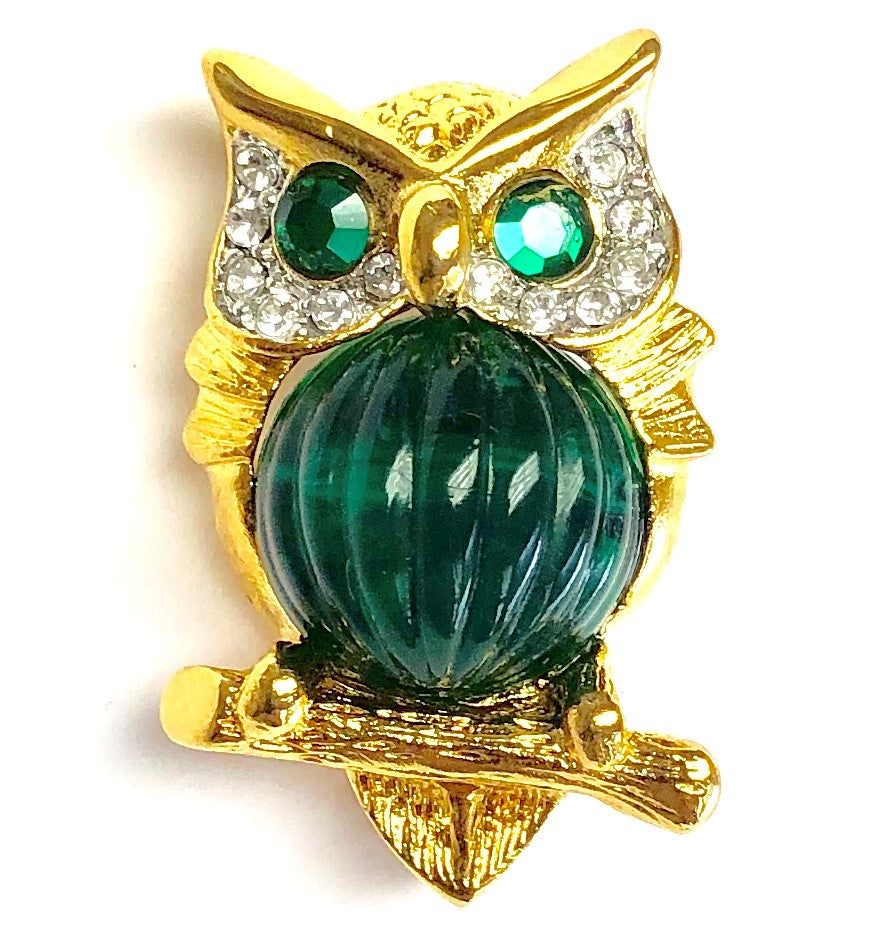 Gold Crystals And Emerald  Body Owl Pin