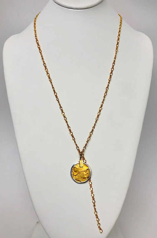 32" Gold Chain With Silver-Satin Gold Coin Pendant