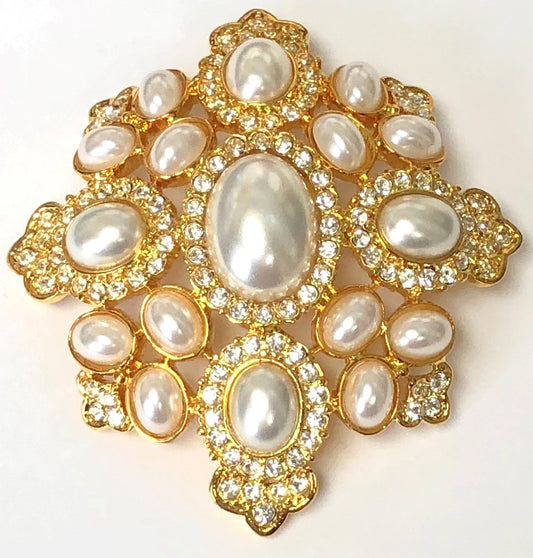 Gold With Crystals And pearls Shield Pin-Pendant