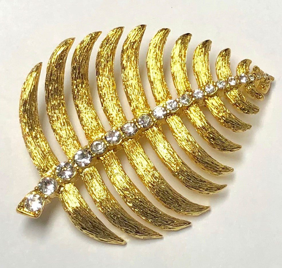 Gold Large With Crystal Center Stem Leaf Pin