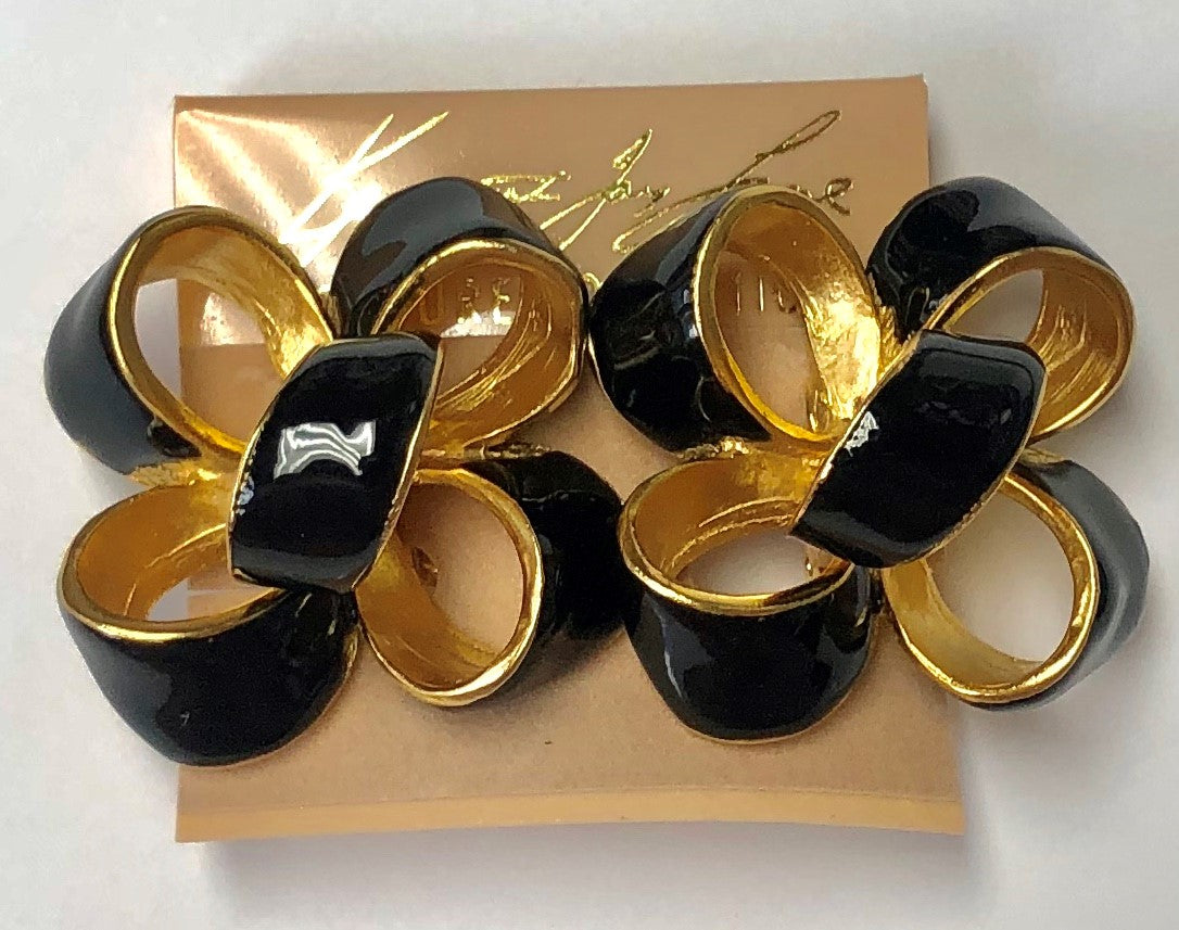 Gold With Black Enamel Large Bow Clip Earring