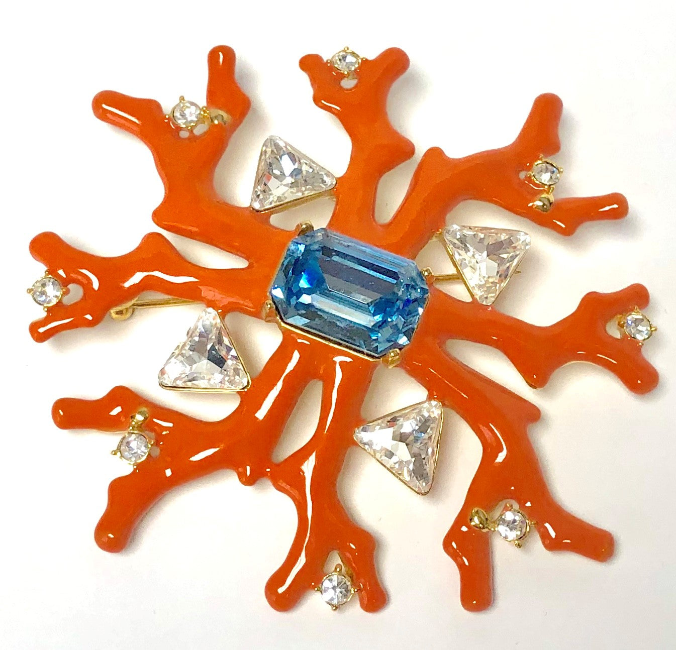 Light Coral Enamel Crystal Accents Aqua Center Branch Pin