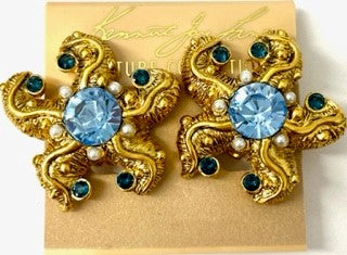 Small Sapphire and Aqua Starfish Clip Earrings