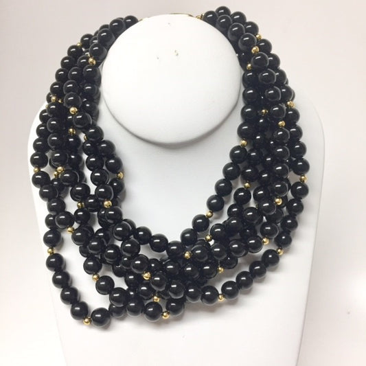 18" Six Row Black Glass Beads Gold Clasp Necklace