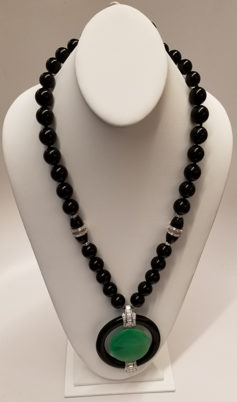 36" Black Bead-Jade Center Art Deco Necklace