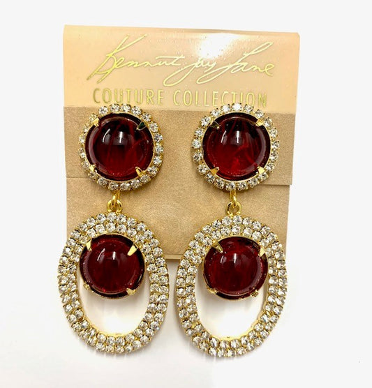 Rhinestone & Flawed Ruby Stone Drop Clip Earrings