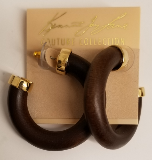 Dark Wood Large Gold Ends Hoop Earring