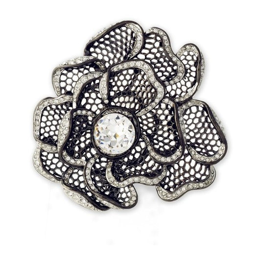 Gunmetal Silver Crystal Flower Pin