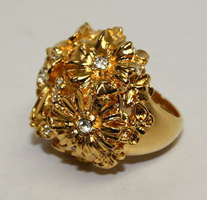 Polished Gold Flower Ring With Crystal