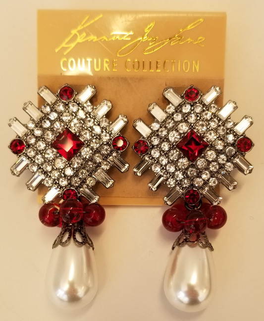 Gunmetal Crystal Ruby with White Pearl Drop Clip Earring