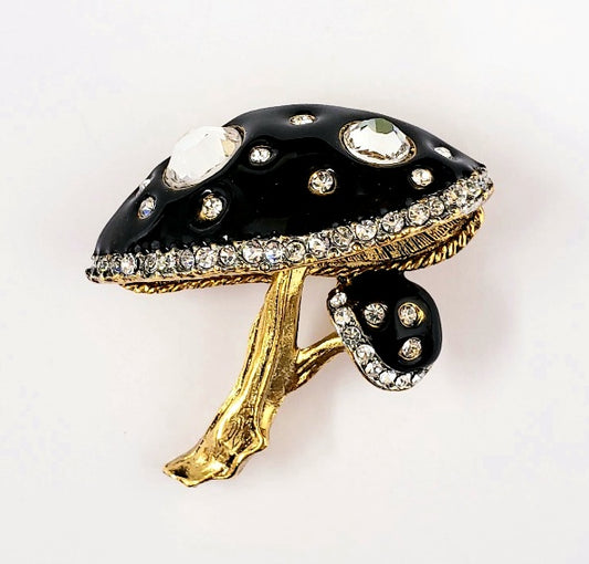 2" Gold with Black Enamel & Crystal Mushroom Pin