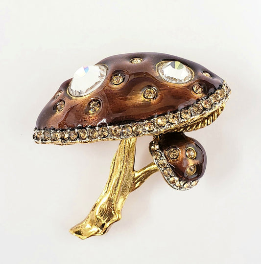 2" Gold with Brown Enamel & Crystal Mushroom Pin