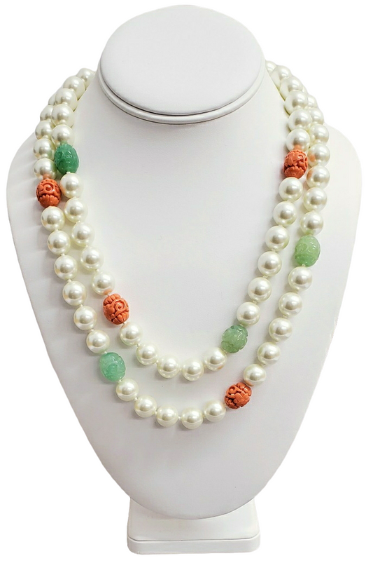 42" Pearl and Jade & Coral Necklace