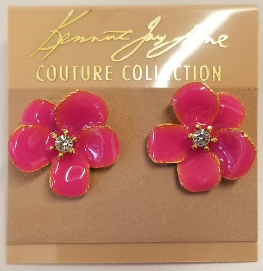 Gold Pink Enamel With Crystal Flower Earring