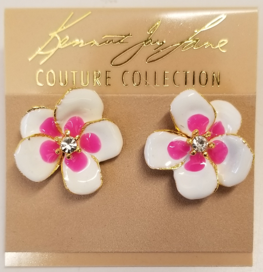 Gold White and Pink Enamel With Crystal Flower Earring