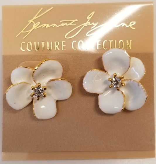 Gold White Enamel With Crystal Flower Earring