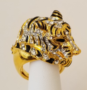 Polished Gold Two Tone Silver Crystal Black Enamel Tiger Adjustable Ring