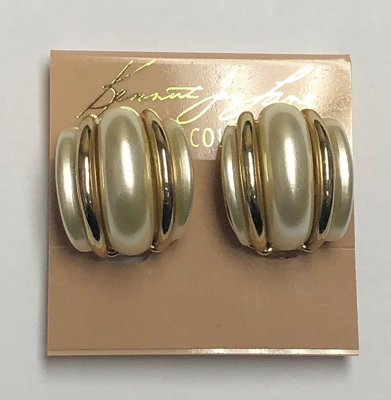 Double Gold White Pearl Domed Clip Earring