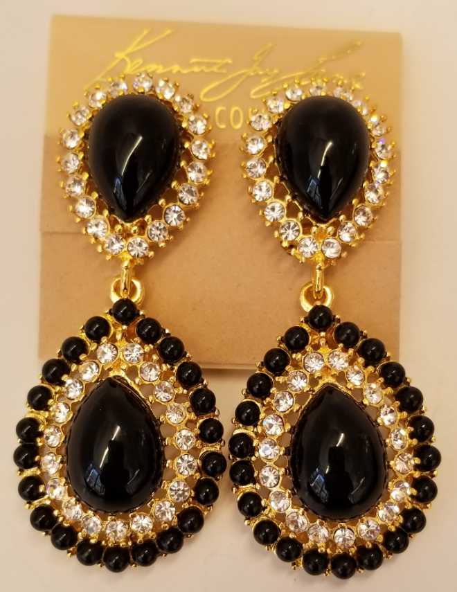 Black Cabochon Tear Drop Clip Earring with Crystals