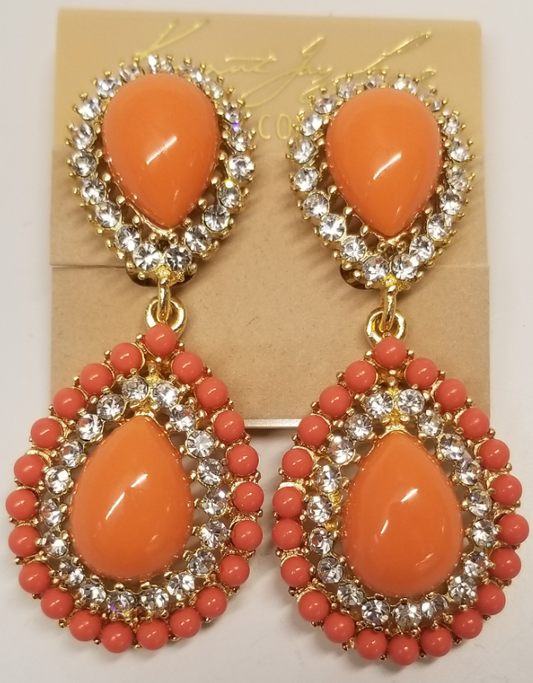 Coral Cabochon Tear Drop Clip Earring with Crystals