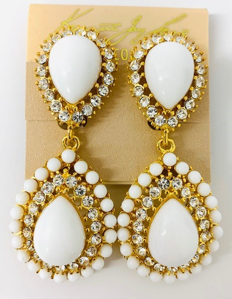 Gold White Crystal Teardrop Clip Earring